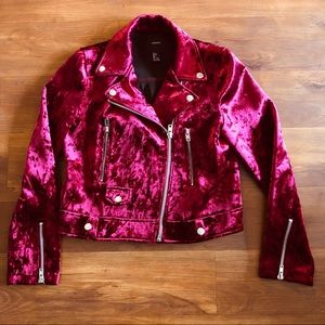 Burgundy Crushed Velvet Moto Jacket